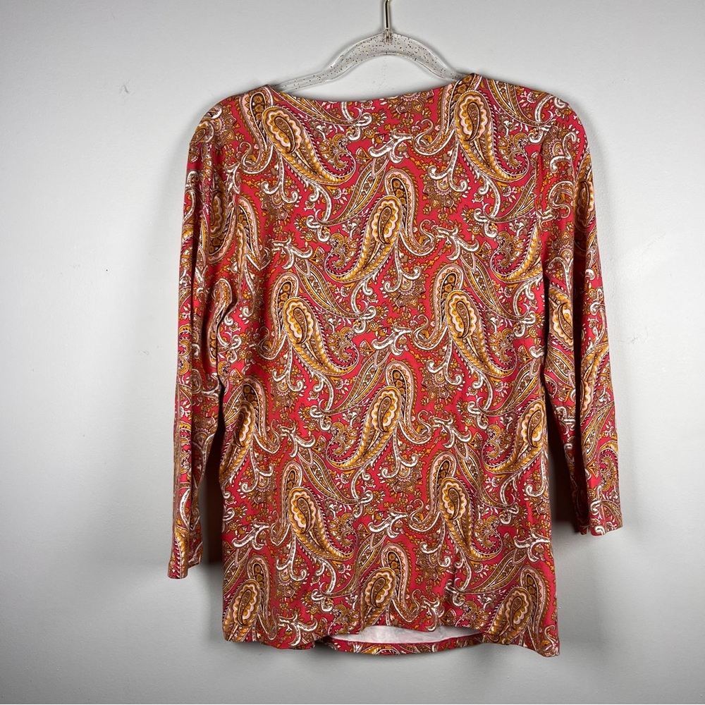 Talbots Faux Wrap Coral Tan Paisley Ruched Surplice Top Blouse Work Fall Large - Picture 6 of 8